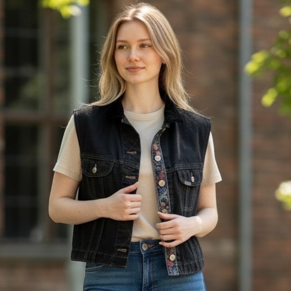 Vintage Lee Riveted Black Denim Vest Floral Trim Velvet Collar Made in USA L